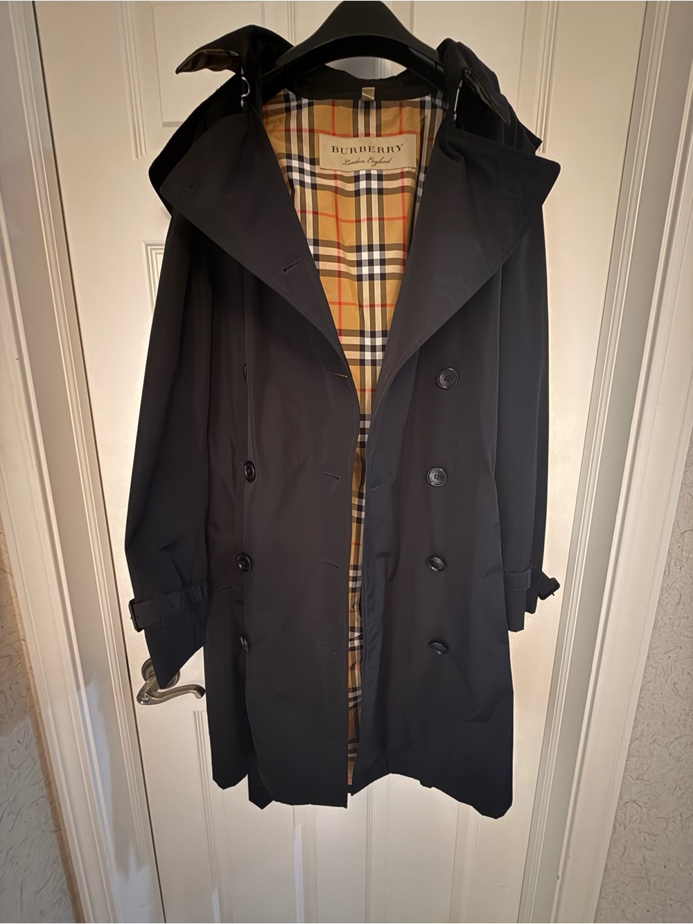 Burberry Women’s Black Trench Coat with Signature Check Lining and Hood